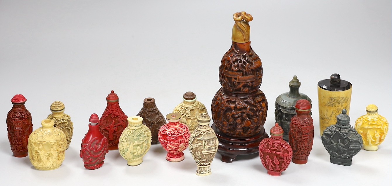 A collection of moulded resin snuff bottles